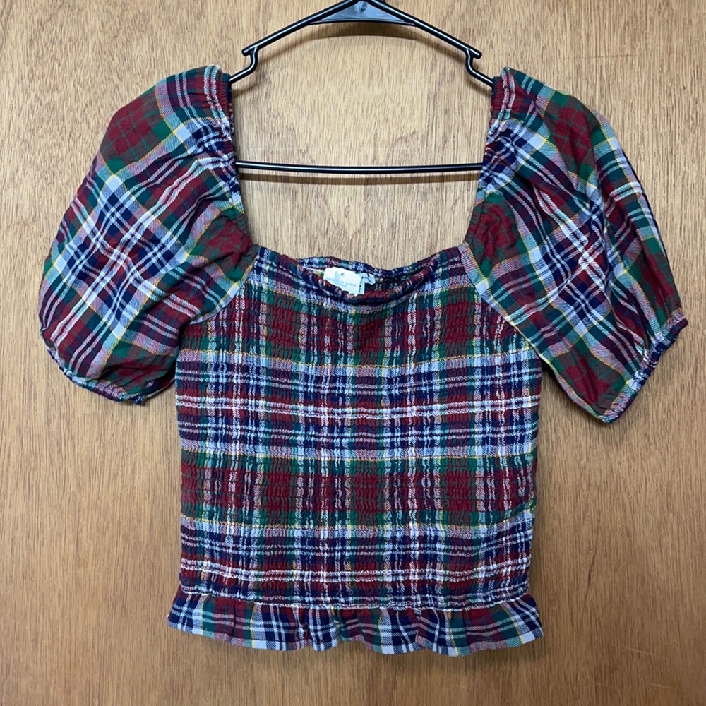 Smocked Plaid Top W/Puff Sleeves